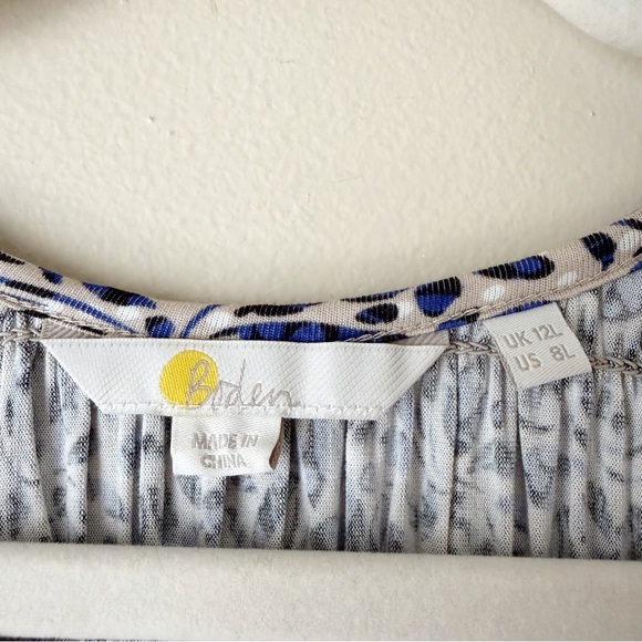 Boden | Smocked Bodice Jersey Dress Leaf Print Long Sleeves Blue Tan Size 8 Long - Picture 9 of 10